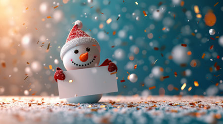 Adorable Snowman Toy Holding Blank White Bannerの素材