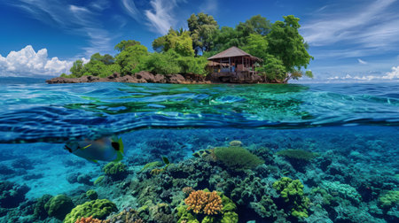 Crystal Clear Waters - Split View of Pristine Island Getawayの素材