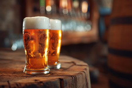"Pub Atmosphere with Two Beer Glasses, Rustic Bar Setting with Two Pints of Beerの素材