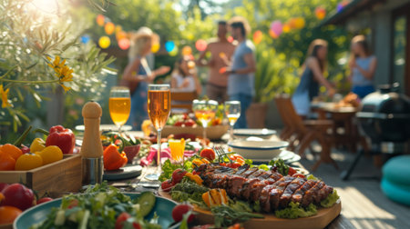 Vibrant Outdoor Dining with Grilled Delicacies and Fresh Veggiesの素材