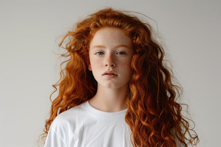 Youthful Charm, Long Red Hair Teenage Girl Portraitの素材