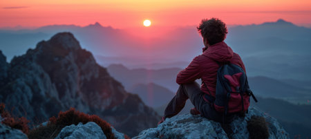 Tourist Relaxing on Mountain Peak with Breathtaking Sunset Viewの素材