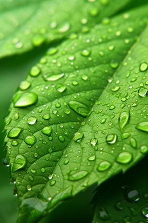 Close-Up Shot, Vibrant Leaf with Sparkling Water Dropletsの素材