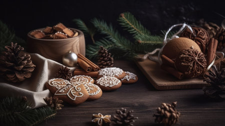 Cozy Christmas scene with gingerbread cookies, and decorative red ornaments in a rustic wooden frame.の素材