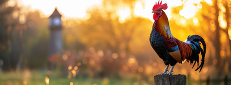 Morning Charm, Colorful Rooster on Wooden Pole at Sunriseの素材