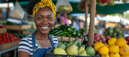 Dynamic Portrait of a Black Female Entrepreneur in Market Buzzの素材