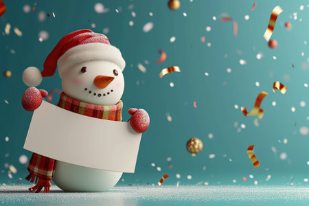 Adorable Snowman Toy Holding Blank White Bannerの素材