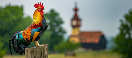 Idyllic Morning, Colorful Rooster Crowing by Clock Towerの素材