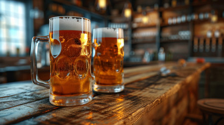 "Pub Atmosphere with Two Beer Glasses, Rustic Bar Setting with Two Pints of Beerの素材