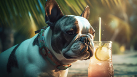 A cute French bulldog takes in the sun and sips on a refreshing coconut on a tropical beachの素材