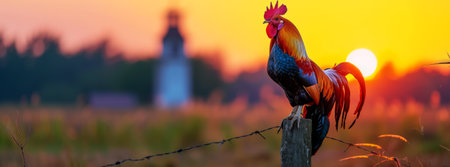 Morning Charm, Colorful Rooster on Wooden Pole at Sunriseの素材