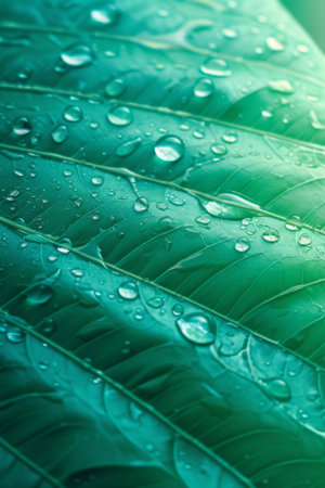 Close-Up Shot, Vibrant Leaf with Sparkling Water Dropletsの素材
