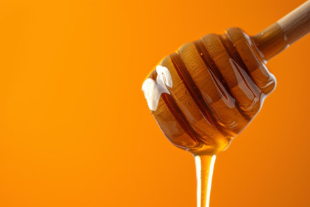 Wooden Honey Dipper Drizzling Honey on Orange Backgroundの素材