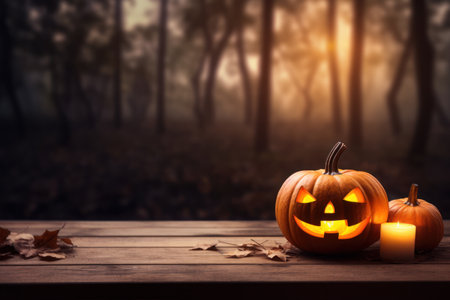 Halloween Pumpkin with Glowing Eyes, Forest Sunset Halloween Sceneの素材