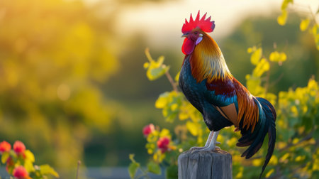 Idyllic Countryside, Majestic Rooster at Sunriseの素材