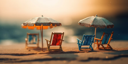 A hyper realistic tilt-shift beach scene featuring miniature people lounging under umbrellas on a pristine tropical beachの素材