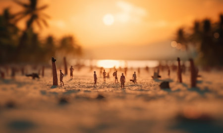 A hyper realistic tilt-shift beach scene featuring miniature people lounging under umbrellas on a pristine tropical beachの素材
