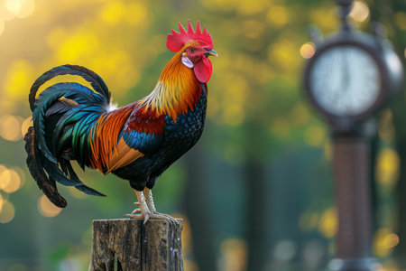 Morning Charm, Colorful Rooster on Wooden Pole at Sunriseの素材