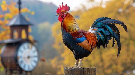 Idyllic Morning, Colorful Rooster Crowing by Clock Towerの素材