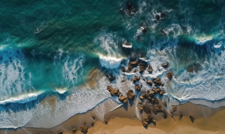 A stunning aerial shot of the ocean waves and sandy beach, with a soft illumination and a picturesque sceneryの素材