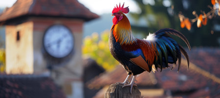 Idyllic Morning, Colorful Rooster Crowing by Clock Towerの素材