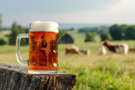 Farm Fresh Brew, Craft Beer Mug Amid Rural Sceneryの素材