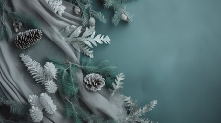 Minimalist winter banner with a shimmering blue background and green branchesの素材