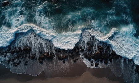 A stunning aerial shot of the ocean waves and sandy beach, with a soft illumination and a picturesque sceneryの素材