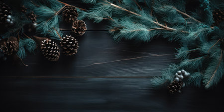 Minimalist winter banner with a shimmering blue background and green branchesの素材