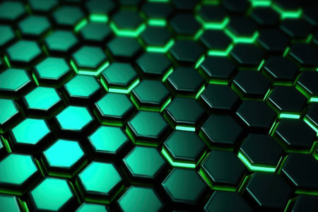 Dynamic abstract background with blurred green hexagons on black.の素材