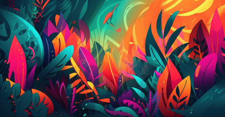 Artistic interpretation of a tropical jungle using gradients and abstract shapesの素材