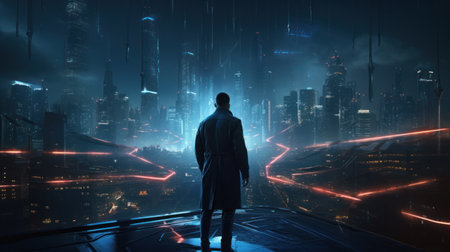 A virtual meeting between business partners in a high-tech cityの素材