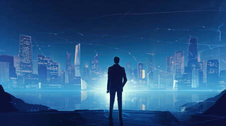 A virtual meeting between business partners in a high-tech cityの素材