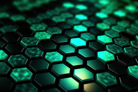 Dynamic abstract background with blurred green hexagons on black.の素材