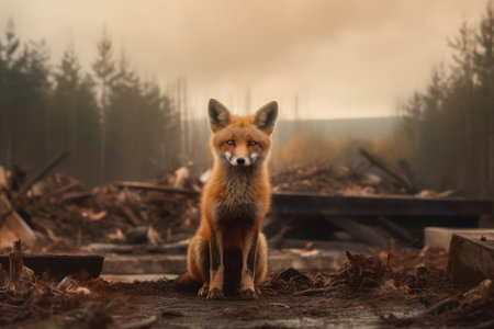 Heartbreaking image of a worn-out fox in a decimated woodlandの素材