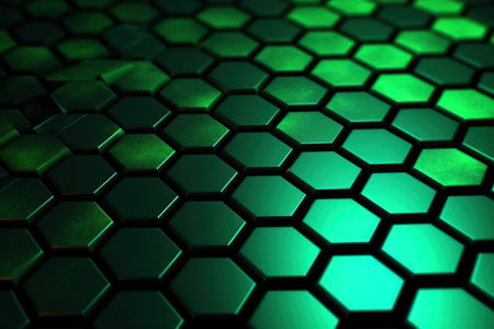 Dynamic abstract background with blurred green hexagons on black.の素材