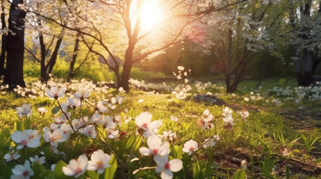 Serene Spring Landscape with Blooming Glade and Blue Skyの素材