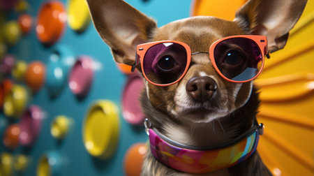 Portrait of cute chihuahua dog wearing sunglasses with colorful balloons backgroundの素材