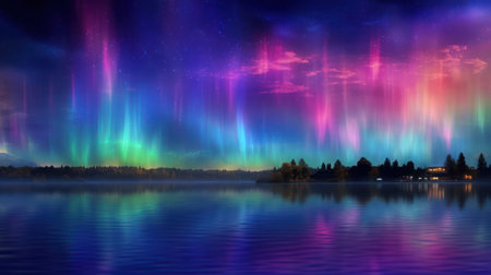 A breathtaking digital artwork showcasing a vibrant and captivating display of the aurora borealis in a mesmerizing landscape.の素材