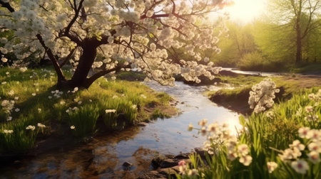 Serene Spring Landscape with Blooming Glade and Blue Sky