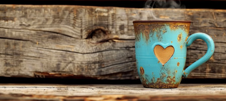Vintage Elegance, Coffee Cup Adorned with Heart Steam on Aged Woodの素材