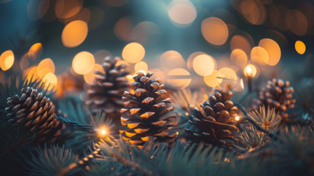 Holiday Pine Cone Bokeh on Green with Stylish Gray and Blue Tonesの素材