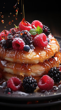 Colorful and appetizing pancake breakfast with assorted berriesの素材