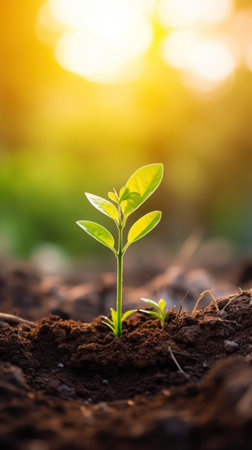 Renewal and growth: Seedling emerging from brown soil in sunlightの素材