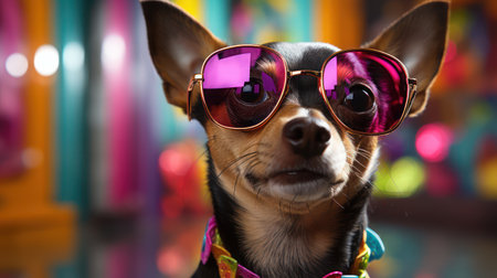 Cute chihuahua dog wearing sunglasses on colorful background.の素材