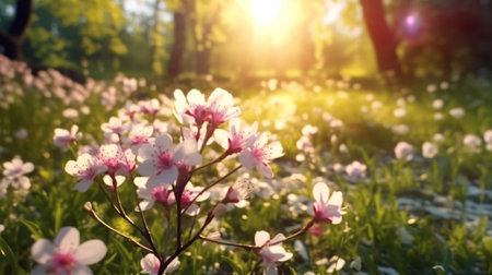 Serene Spring Landscape with Blooming Glade and Blue Skyの素材