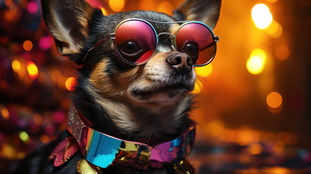 Cute chihuahua dog wearing sunglasses on bokeh backgroundの素材