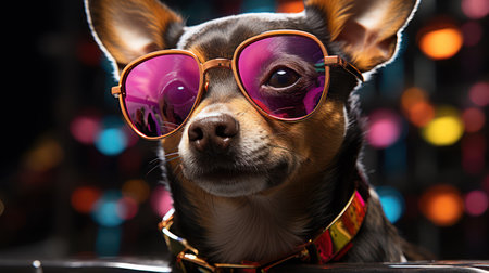 Portrait of cute chihuahua dog wearing pink sunglasses on black backgroundの素材