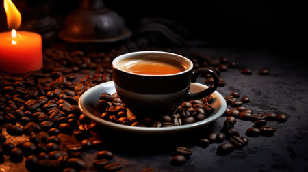 Sleek and stylish espresso coffee on retro tableの素材