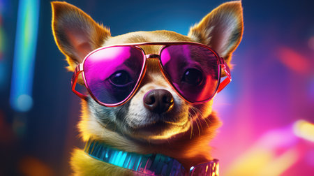 Funny chihuahua dog wearing sunglasses on disco party background.の素材